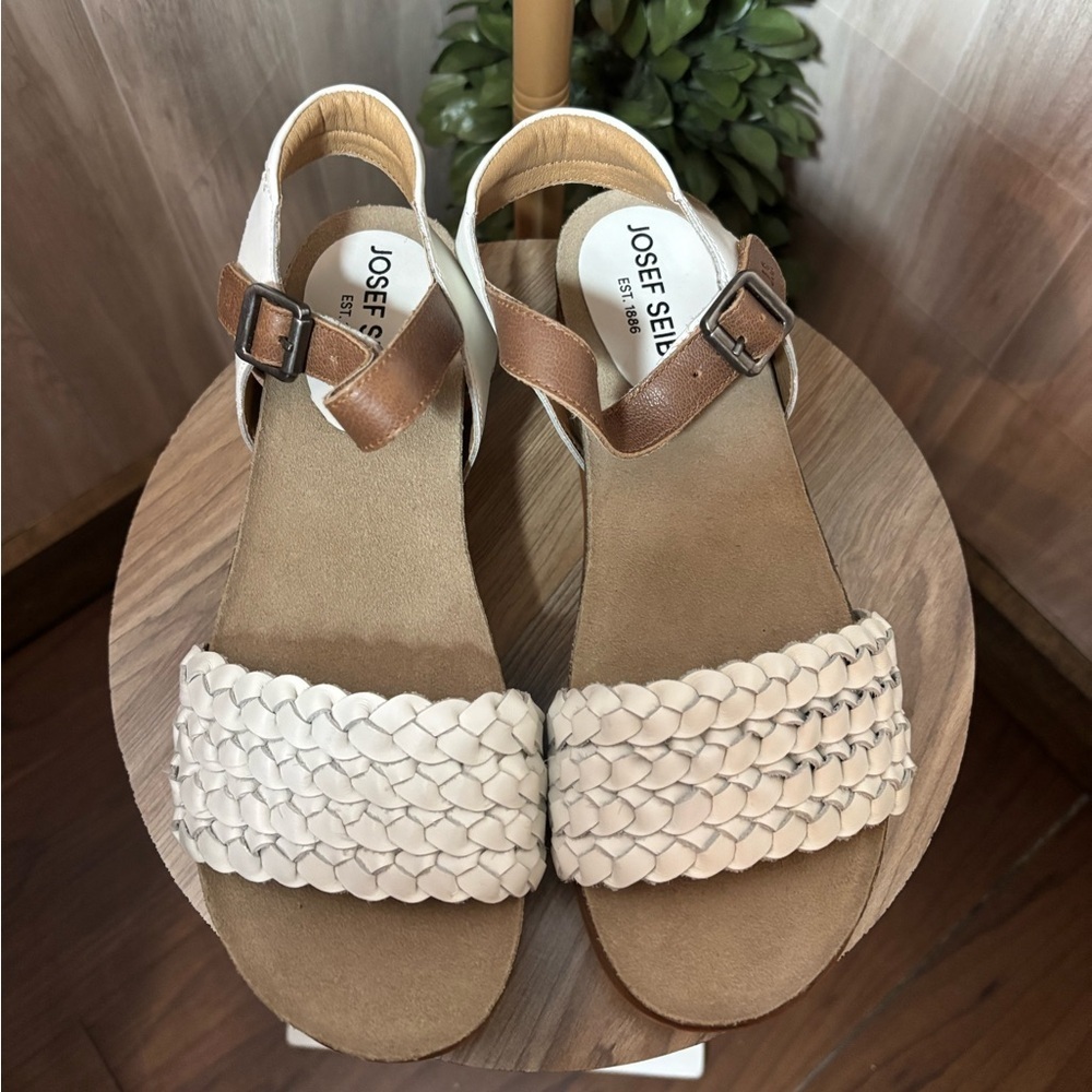 Josef Seibel Clea 16 Women's Leather Sandals White Braided Brown Ankle Strap